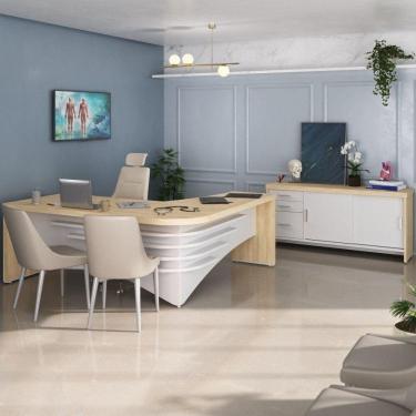 Imagem de Conjunto Consultório 2 Peças Mesa Diretor em L com Balcão Artany Carvalho/Branco