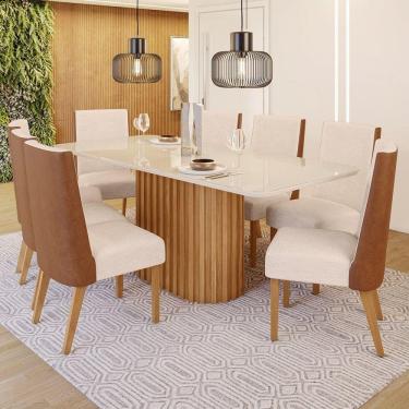Imagem de Conjunto Sala de Jantar Tampo Mdf/Vidro 8 Cadeiras Geovana Marrom/Off White/Courano/Linho