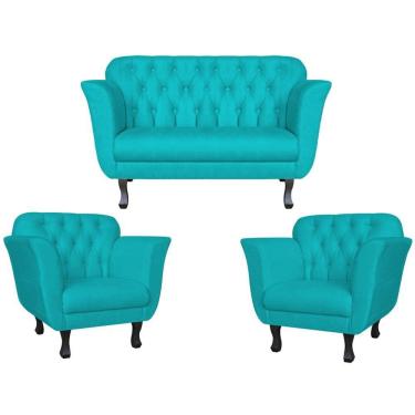 Imagem de Kit Namoradeira + 2 Poltronas Decorativa Dália Suede Azul Tifany Pés Madeira Mz Decor