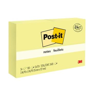 Imagem de Post-it Notas 7,62 cm x 7,62 cm, 24 blocos, notas adesivas preferidas dos EUA, amarelo canário, remoção limpa, reciclável (655-24VAD)