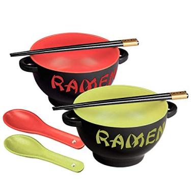 Imagem de World Market Conjunto de 2 tigelas de ramen de cerâmica japonesa - Colher de sopa e pauzinhos - Tigelas de servir para sopas de macarrão, ramen, udon, missô, tailandês e pho, dragão vermelho e galo