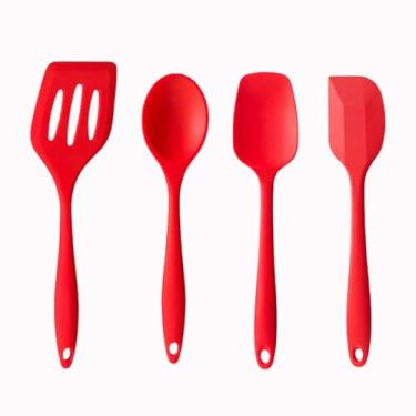 Imagem de Conjunto de Utensílios de Cozinha em Silicone Premium - Espátula Vazada, Colher, Espátula Reta e Espátula Abaulada (Vermelho)