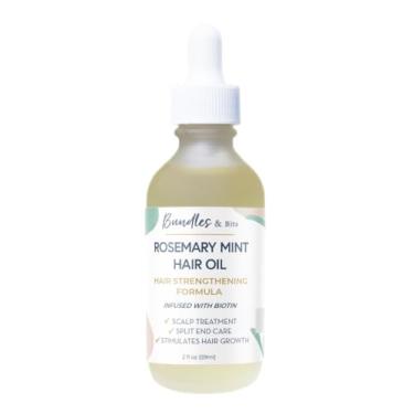 Imagem de Bundles & Bits Óleo de couro cabeludo e cabelo com alecrim e menta para crescimento e cabelos secos e danificados – Fórmula fortalecedora infundida com biotina e jojoba – sem frizz, 60 g.