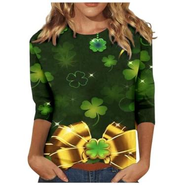 Imagem de Camiseta feminina divertida de manga 3/4 Lucky Clover St Patricks Day Camiseta Shamrock Irish Tops Regular Fit Casual Graphic Camisetas, Amarelo, M