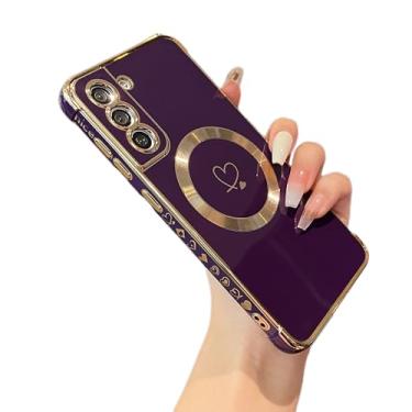 Imagem de ZTOFERA Capa magnética para Samsung Galaxy S21 FE 5G [compatível com MagSafe] Capa com padrão de corações de amor com revestimento fofo, capa protetora de TPU macio à prova de choque para mulheres e meninas, violeta escuro