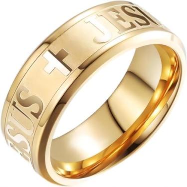 Imagem de Adreamz 8 mm Prata Ouro Preto Masculino Feminino Oração do Senhor Jesus Cruz Anel de Aço Inoxidável Cruz Jesus Gravado Anel Religioso Cristão, 11.5, Aço inoxidável, Sem pedra preciosa