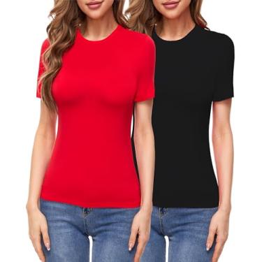 Imagem de Urvicor Camisetas femininas de malha elástica com gola redonda e manga curta, pacote com 2, Preto + vermelho, M