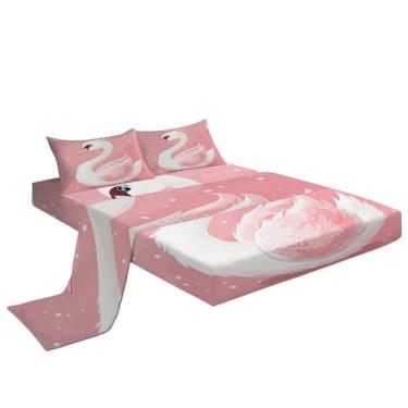 Imagem de Eojctoy Jogo de lençol rosa ultramacio, 4 peças, tema de cisne branco, lençol de cama e fronhas, fácil de cuidar com lençol solteiro com bolso profundo de 40,6 cm, confortável e respirável para casa