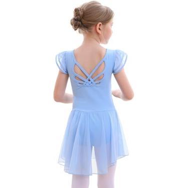 Imagem de MdnMd Vestidos de balé de dança para meninas, vestido de bailarina, saia vazada nas costas e manga esvoaçante, Azul, 10-12 Anos