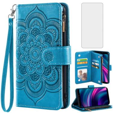 Imagem de Asuwish Capa de telefone para BLU J9L capa carteira com protetor de tela de vidro temperado e flor de couro flip porta-cartão de crédito suporte fólio bolsa cordão slot acessórios para celular azul