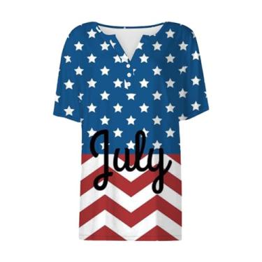 Imagem de Camiseta feminina com bandeira americana 4th of July Henley Neck Patriotic Shirts Tops Stars Stripes Camisetas de manga curta, Azul escuro, G