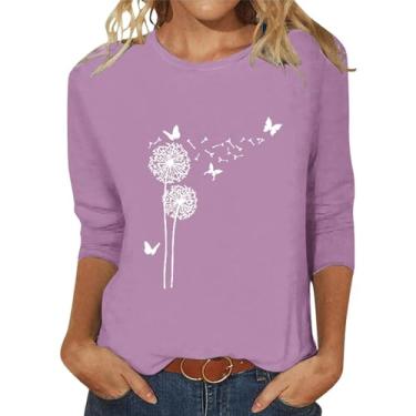 Imagem de Camisetas femininas com estampa de dente-de-leão manga 3/4 de comprimento casual verão animal estampa floral túnica camisetas modernas, Roxa, XXG