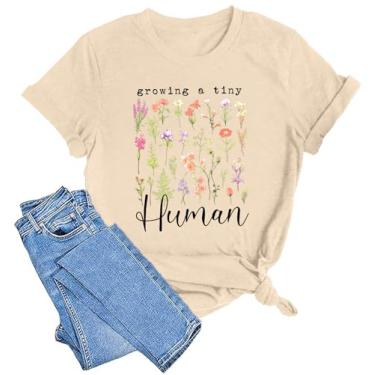 Imagem de LAZYCHILD Camiseta feminina de anúncio de gravidez crescendo minúsculo humano camiseta floral maternidade revelação camiseta tops gravidez, Creme, M