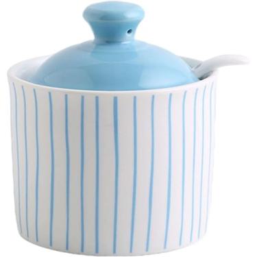 Imagem de Açucareiro de creme, talheres de cerâmica, açucareiro azul com tampa, pote de armazenamento de açúcar, pote de açúcar, pote de especiarias para recipiente de açúcar, pote de tempero de sal d