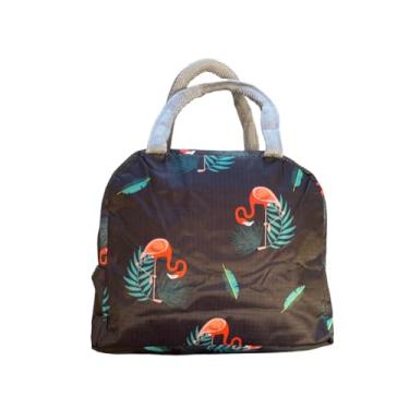 Imagem de Bolsa Sacola Térmica Lancheira Com Alça Marmita Reutilizável Impermeável Viagem Academia Passeios Trabalho Feminina Masculina (Preto com flamingos)