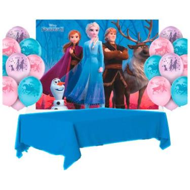 Imagem de Kit festa Frozen Decoração Toalha Azul + 25 balões + Painel - Piffer /