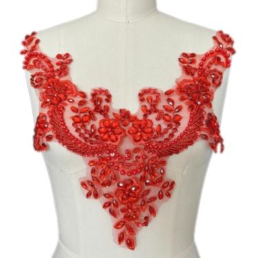 Imagem de Succi Shan Remendos de pérolas de contas de flores de renda, apliques de strass costurados para decote de roupas sociais (vermelho)