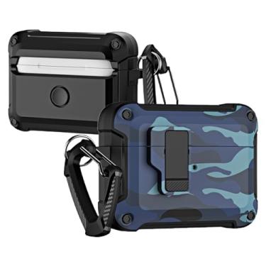 Imagem de Fofvccv Capa para AirPods Pro 2ª geração com trava, [suporta carregamento sem fio] Capa protetora rígida militar com mosquetão para AirPods Pro 2ª/5ª geração (2023/2022), azul camuflado