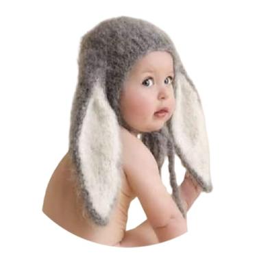 Imagem de Chapéu para fotografia de recém-nascido, mensal, para meninos e meninas, sessão de fotos, roupas de crochê, orelhas grandes, chapéu de coelho, sessão fotográfica, Cinza escuro, 0-8 week
