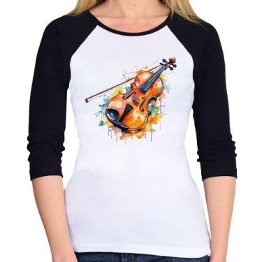 Imagem de Baby Look Raglan Violino Watercolor Manga 3/4 - Foca na Moda, Branco, 