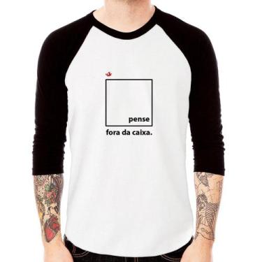 Imagem de Camiseta Raglan Pense fora da caixa Manga 3/4 - Foca na Moda, Branco, 