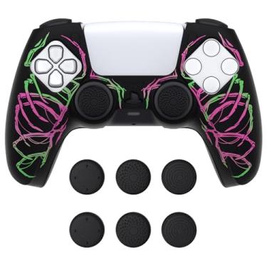 Imagem de PlayVital Pure Series Dockable Model Anti-Slip Silicone Cover for ps5 Controller, Soft Rubber Grip Case for ps5 Controller Fits with Charging Station with Thumb Grips - Carving Skull Pink & Green