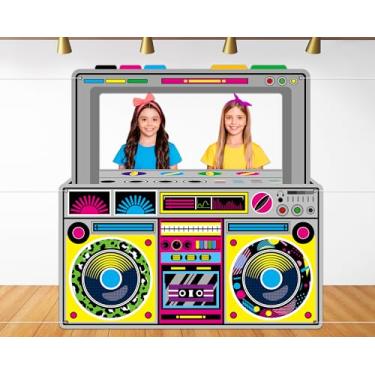 Imagem de Acessórios para cabine fotográfica Radio Boombox para decorações de festa dos anos 90 e 80, 149 x 140 cm, tecido retrô, faixa para pendurar no fundo de selfie, tema de música hip hop, decorações de