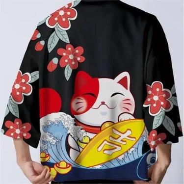 Imagem de Kimono Samurai Masculino com Estampa de Gato - Yukata Harajuku - Roupa