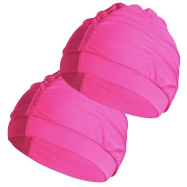 Imagem de 2 toucas de natação de tecido para mulheres, touca de banho elástica não impermeável de tecido durável (rosa vermelha)