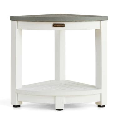 Imagem de Banco de chuveiro de canto HDPS, banco resistente com prateleira, cadeira de chuveiro de poliéster para barbear as pernas, sem manutenção, branco + cinza, capacidade de peso 226 kg