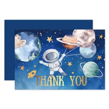 Imagem de JarThenaAMCS Cartões de agradecimento do espaço sideral com envelopes e adesivos, cartões de felicitações astronauta galáxia azul dourado folha de notas em branco para aniversário chá de bebê