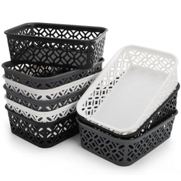 Imagem de ZEAYEA Pacote com 9 cestas de armazenamento de plástico, pequenas cestas de tecido para prateleiras, cesto organizador de despensa para quarto, armário, cozinha, banheiro, dormitório, escritório, cinza, preto, branco, 20 cm C x 15 cm L x 6 cm A