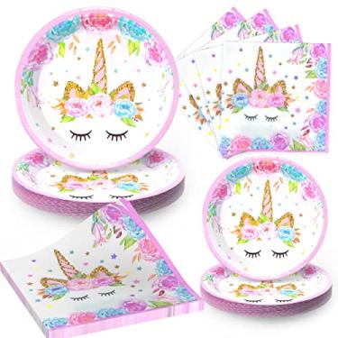 Imagem de Decorações de aniversário de unicórnio para meninas, conjunto de artigos de festa, pratos e guardanapos de unicórnio, decorações de festa de aniversário de unicórnio mágico para meninas e chá de bebê - 96 peças