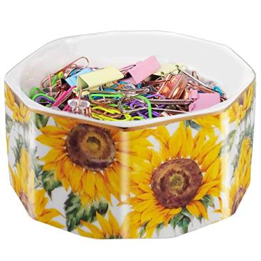 Imagem de LEAZUL Suporte de clipe de papel de cerâmica Linha dourada Organizador de dispensador de clipe de papel para mesa Lindo padrão floral floral de escritório Suporte de clipe de pasta de escritório Bobby Pin e suporte de grampo de cabelo Presente para girassóis de escritório