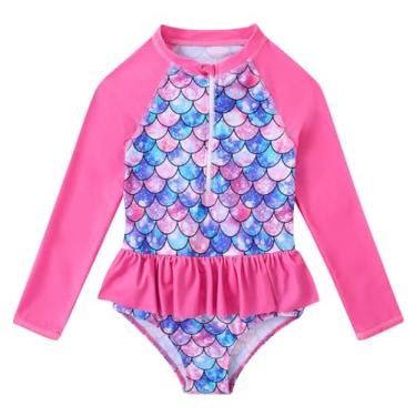 Imagem de RAISEVERN Maiô feminino Rashguard de 1 a 7 anos, manga comprida, com zíper e bumbum com babados, Sereia rosa, 6-7 Anos