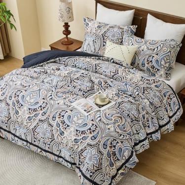 Imagem de PlushVibes Conjunto de edredom floral Paisley – 100% algodão, edredom de luxo King Size, leve 400 fios, reversível, vintage, damasco com 2 fronhas, preto, bege, marrom, todas as estações, 264 x 228 cm