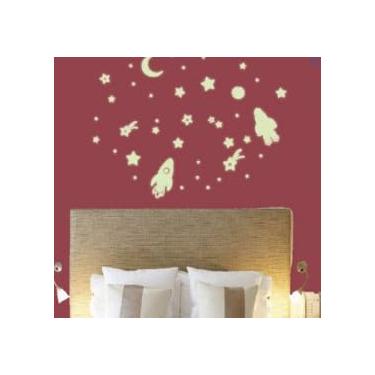 Imagem de Adesivos de parede estrela espacial que brilham no escuro, lua brilhante, astronauta, galáxia, planetas, decalque de parede para quarto de bebê, decoração de aniversário