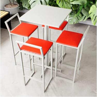 Imagem de Conjunto Mesa Alta Bar Bistrô Quadrada Branca 4 Banquetas Confort Estofado Industrial White (Vermelho)