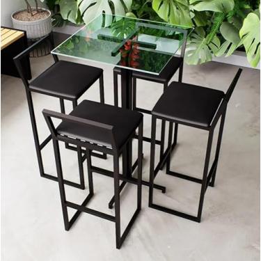 Imagem de Conjunto Mesa Alta Bar Bistrô Quadrada Vidro 4 Banquetas Confort Estofado Industrial Black (Preto)
