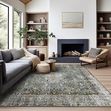 Imagem de Ashler Tapete boho vintage, 10 x 15 cm, cinza cia/amarelo terroso, antiderrapante e lavável na máquina, decoração de casa para sala de estar, quarto, cozinha