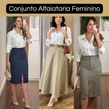 Imagem de conjunto feminino com saia midi alfaiataria e camisa social manga long
