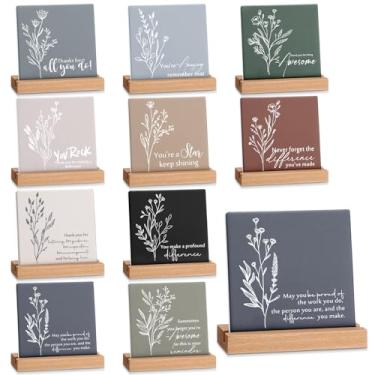 Imagem de Roowest Conjunto de 20 citações inspiradoras decoração de mesa versículo bíblico placa de cerâmica cristão presente de apreciação de funcionários motivacionais placa de mesa com suporte de madeira