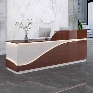 Imagem de Mesa de recepção moderna para escritório, balcão de recepção, recepção de recepção, mesa de balcão de escritório de madeira projetada com tiras de luz para salões de beleza, marrom + branco, 120 cm