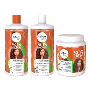 Imagem de Salon Line, Kit SOS Cachos, Óleo de Coco, Shampoo e Condicionador Veganos, Creme de Pentear Não Vegano - Para Cabelos Ondulados, Cacheados e Crespos 1 L e 1 kg