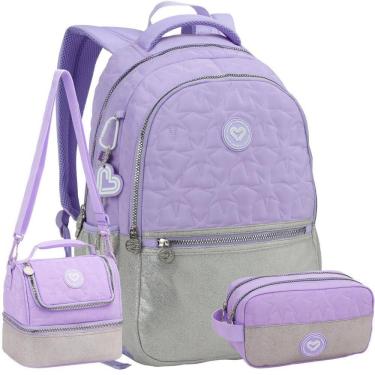 Imagem de Kit Mochila Costas Feminina Color Up Lancheira Estojo Lilás