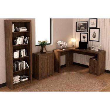 Imagem de Escritório Completo (1 Mesa de Canto p/ Escritório ME4129 + 1 Balcão ME4103 + 1 Estante ME4104) 3 Peças Nogal - Tecno Mobili