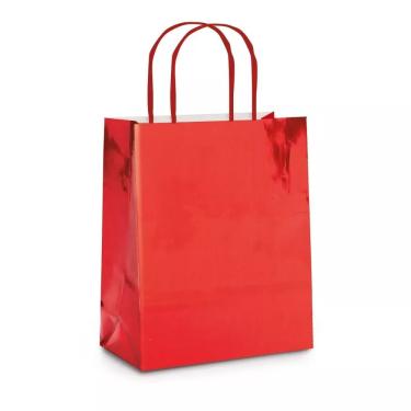 Imagem de Sacola para Presente Laminada Vermelha Metal Brilho P 21,5x15x8cm Cromus Alças de Fita