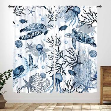 Imagem de Cortinas de tartarugas marinhas, praia azul oceano náutico, estrela-do-mar, concha, tratamentos de janela de animais para quarto, sala de estar, banheiro, 203 x 213 cm