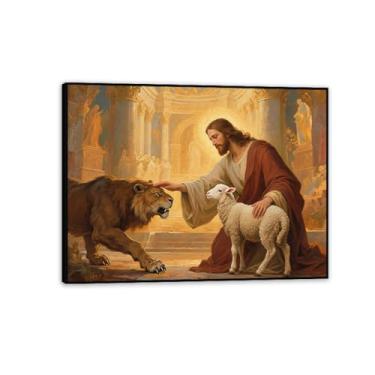 Imagem de Arte de parede em tela Jesus e Cordeiro, Leão de Judá, Cordeiro Jesus, Pôster Rei Leão Cristão Impressão Pintura Religiosa Arte Igreja Decoração de Parede Imagens 50x40 cm Moldura Preta