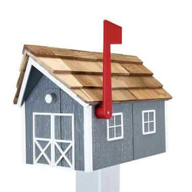 Imagem de Peaceful Classics Caixa De Correio Madeira Com Telhado Cedro Amish, Guarnição Janela E Porta, Caixas Artesanais Para Áreas Externas, Residenciais Montagem Em Poste - (Cinza Branco, Madeira)